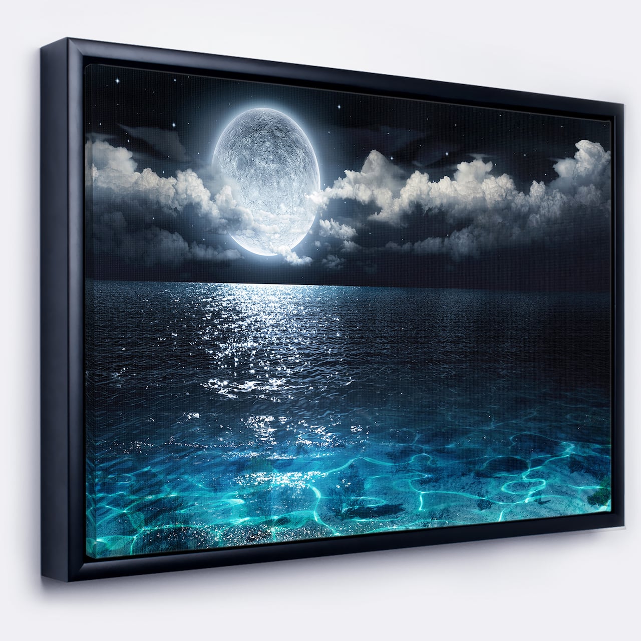 Designart - Romantic Full Moon Over Sea - Seascape Framed Canvas Art Print